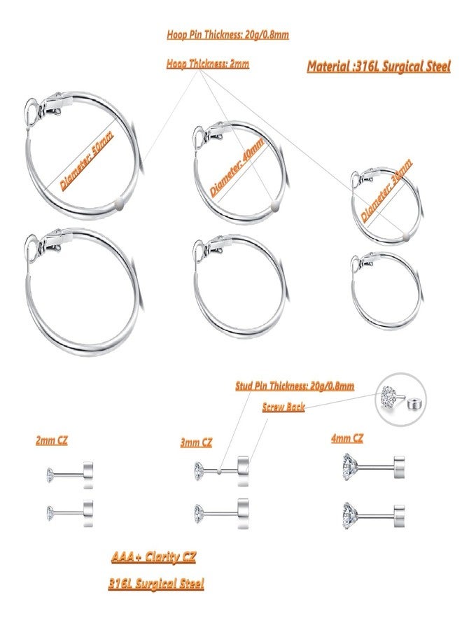 FOSIR Surgical Steel Hoop Earrings Flat Back Stud Earrings Set for Women - 6 Pairs Hypoallergenic Silver Earring Hoops and Cubic Zirconia Earrings Studs - Image 3